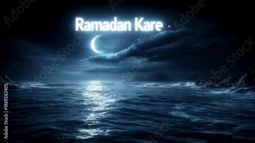 Moonlit ocean with glowing crescent and clouds under a serene night sky 'Ramadan Kareem' 
