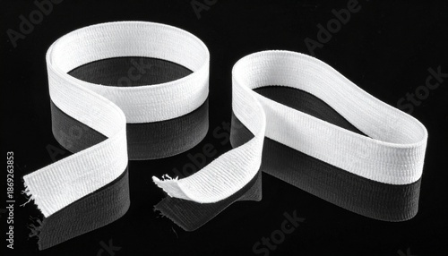 Two white hook-and-loop fastener strips on reflective black surface, one flat and one slightly curved.