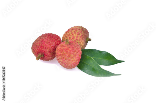 Lychee with leaves isolated on white background.