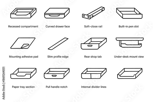 Notch tab icon rear view recessed hidden desk pen slot drawer mounting