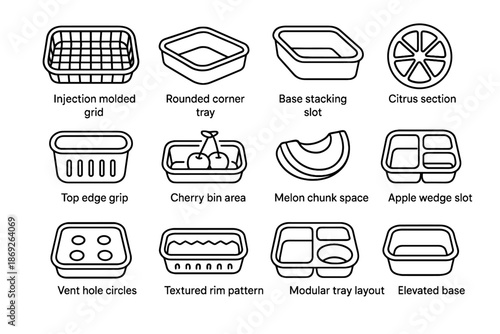 Vent basket icon stacking space plastic base fruit rim edge slot vector
