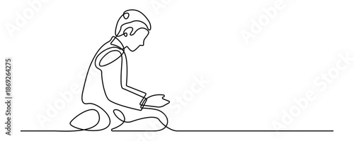 Minimal line art illustration of young muslim man praying islamic ramadan kareem concept