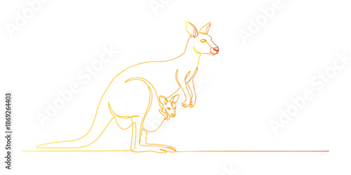 Continuous one line of a kangaroo with its baby in its pouch, animal world and wildlife, drawn vector illustration.