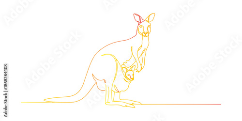 Continuous one line of a kangaroo with its baby in its pouch, animal world and wildlife, drawn vector illustration.