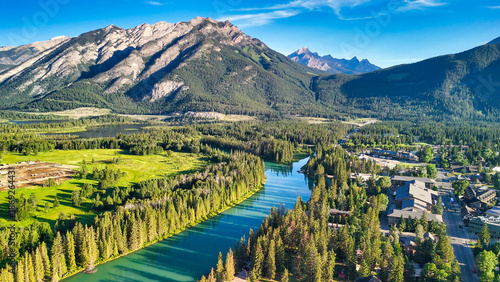 Bilde på lerret Panoramic aerial shot of Banff National Park with lush green valley in summer