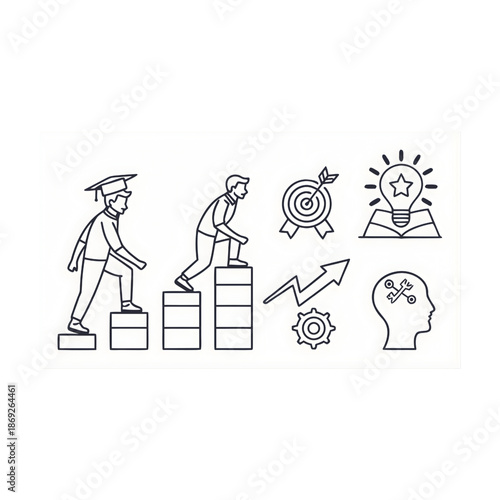 Conceptual Personal Growth Illustration Featuring Education, Career, Goals, Innovation, Strategy, and Achievement Icons