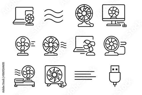 Fan port icon cooler usb item under laptop powered desk vector wave