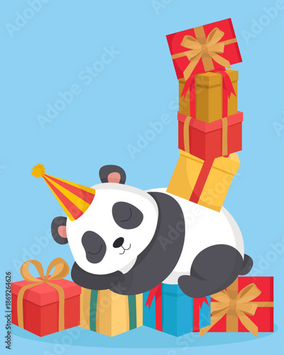 Panda bear sleeping on birthday colorful presents with vibrant head cone greeting card