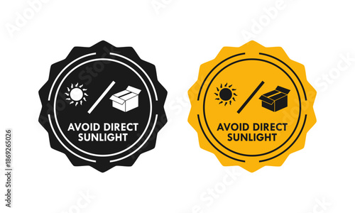 Product warning label or badge featuring a sun icon, advising to keep the item away from direct solar heat and light for quality preservation.