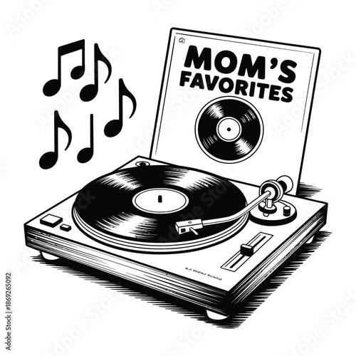 Retro record player with music notes and mom's favorites lp brings nostalgic melody and vintage tunes for music lover and audiophile on holiday