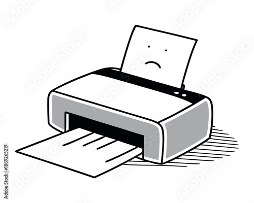 Sad printer with paper jam frowning