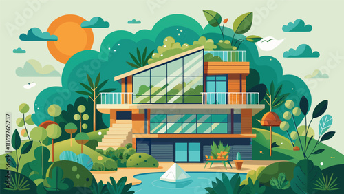 A quaint house situated in a forest, surrounded by towering trees and rich vegetation