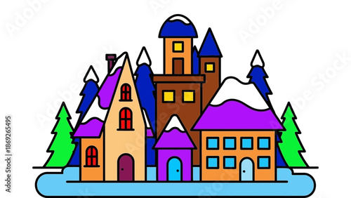 A colorful cartoon illustration of a small village in a snowy landscape