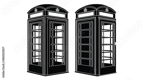Two classic black telephone booths with glass windows on a white background