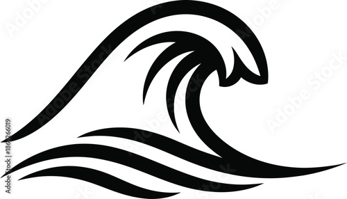 Dynamic stylized ocean wave breaking with bold black lines, perfect for logos and branding