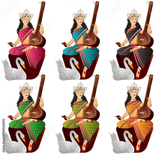 Goddess Saraswati Vector Illustration Bundle for Vasant Panchami and Indian Education Festival