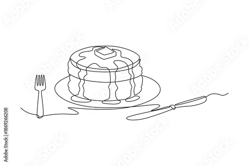 Pancakes served with syrup and cutlery. Breakfast time concept. Single line draw design. Vector graphic illustration