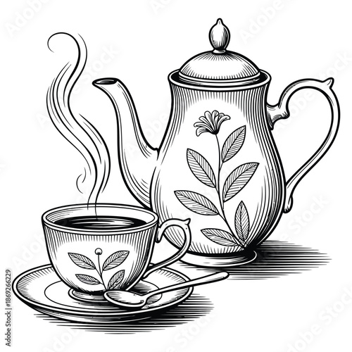 Tea time with elegant porcelain teacup and teapot with floral design for relaxation and refreshment in classic style with steam coming out