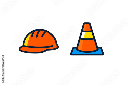 Construction safety symbols: hard hat and traffic cone