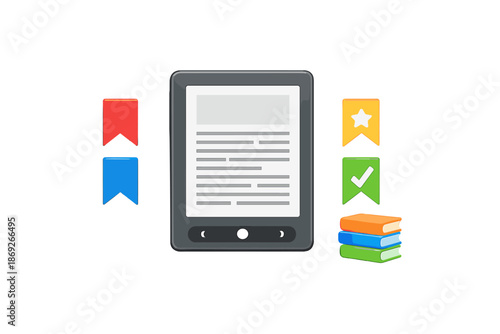E-reader with digital bookmarks and stack of books