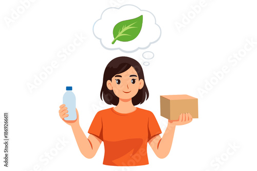 Woman choosing between plastic bottle and cardboard box with leaf in thought bubble