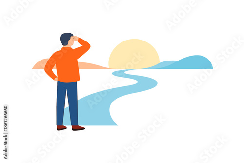Man looking towards a bright horizon over water