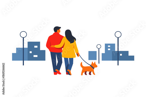 Couple walking dog in city at night