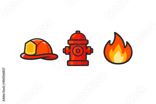 Firefighter Helmet, Hydrant, and Flame Icons