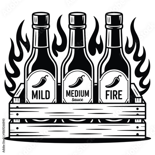 Three bottles hot sauces vector illustration including mild medium and fire in crate with flame on background for restaurant menu