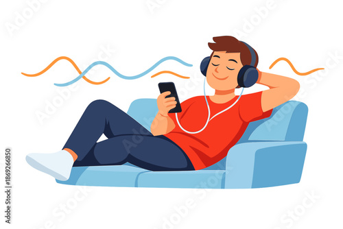 Man listening to music on phone while relaxing on couch