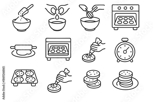 Plating step rolling cleanup icon baking vector egg measuring snack process timer