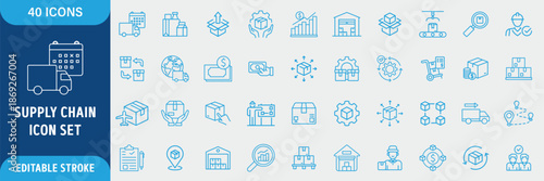 Supply Chain Line Icon Set. Logistics, Value Chain, Delivery, Manufacturing, Commerce, Distribution, Warehouse and Transportation Icons. Editable Outline Stroke. Vector Illustration