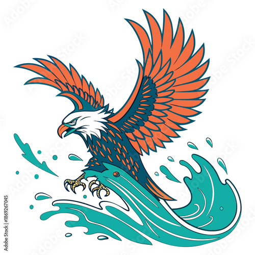 Dynamic eagle flying over ocean waves vector illustration. Energetic design ideal for t-shirts, posters, adventure themes, and wildlife graphics.
