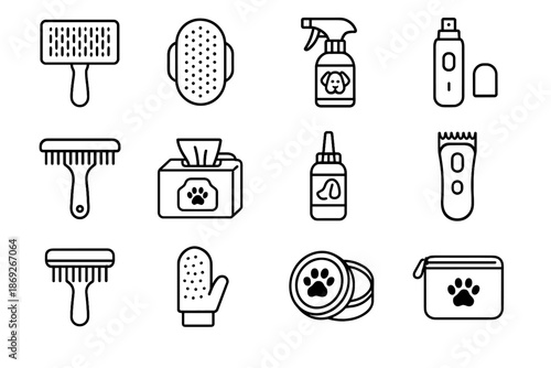 Dog spray fur icon grooming applicator brush comb vector cleaning tools pouch