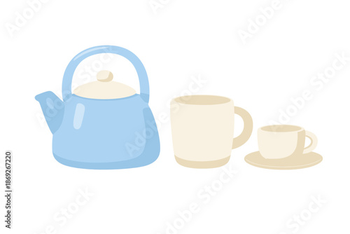 Blue teapot and two white cups with glowing effect
