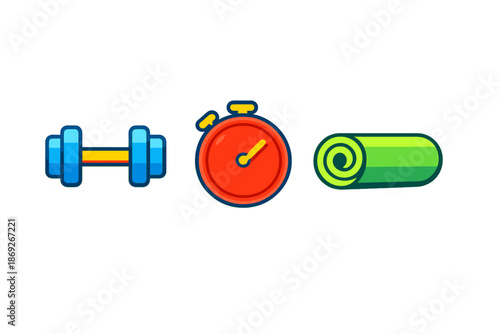 Fitness icons: Dumbbell, stopwatch, and yoga mat on a gradient background