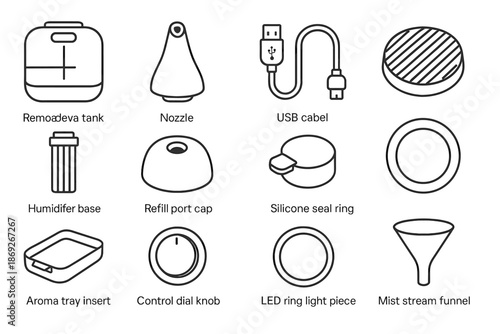 Compact humidifier base ring silicone icon water vector filter attachment led cable