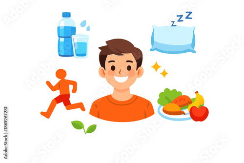 Healthy Lifestyle Elements Surrounding a Smiling Person