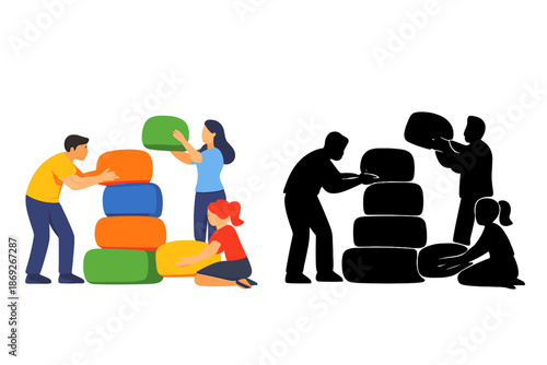 People building a stack of colorful cushions