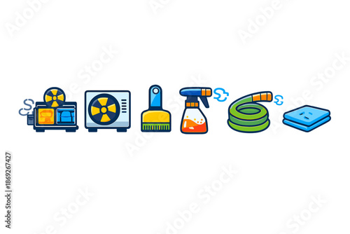 Cleaning equipment icons on a dark background