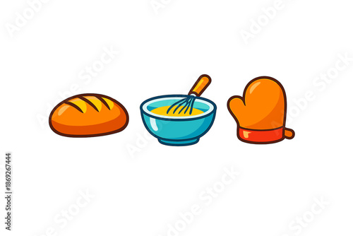 Baking icons: bread, bowl with whisk, and oven mitt