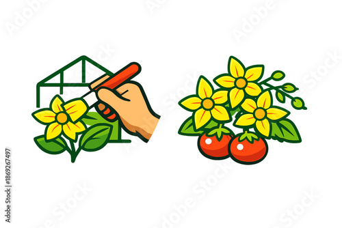 Gardening Icons: Hand Pollinating Flower and Tomato Plant
