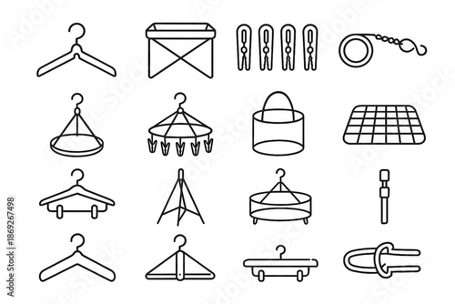 Collapsible hanger vector pole accessories laundry foldable icon clips flat bin sock