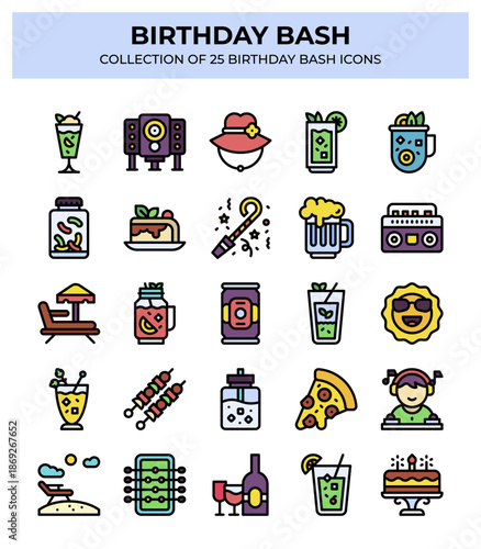 Birthday Bash. 25 Colorful Party Icons Collection