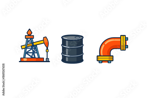 Oil pumpjack, barrel, and pipeline elbow icons