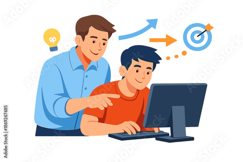 Mentor guiding a student on a computer with business goals in background
