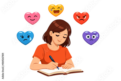 Young woman journaling emotions with heart emojis