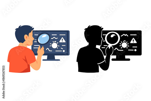 Man examining computer screen with magnifying glass