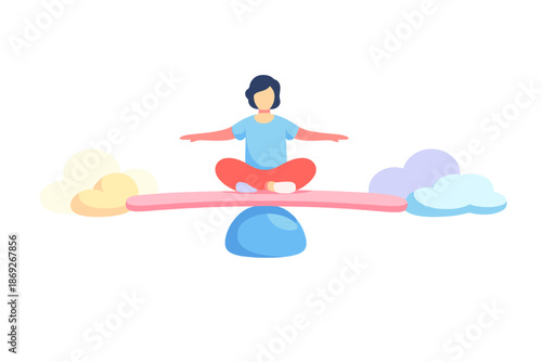 Person meditating on a seesaw representing balance