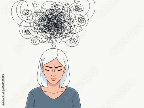 A distressed woman overwhelmed by tangled chaotic thoughts
